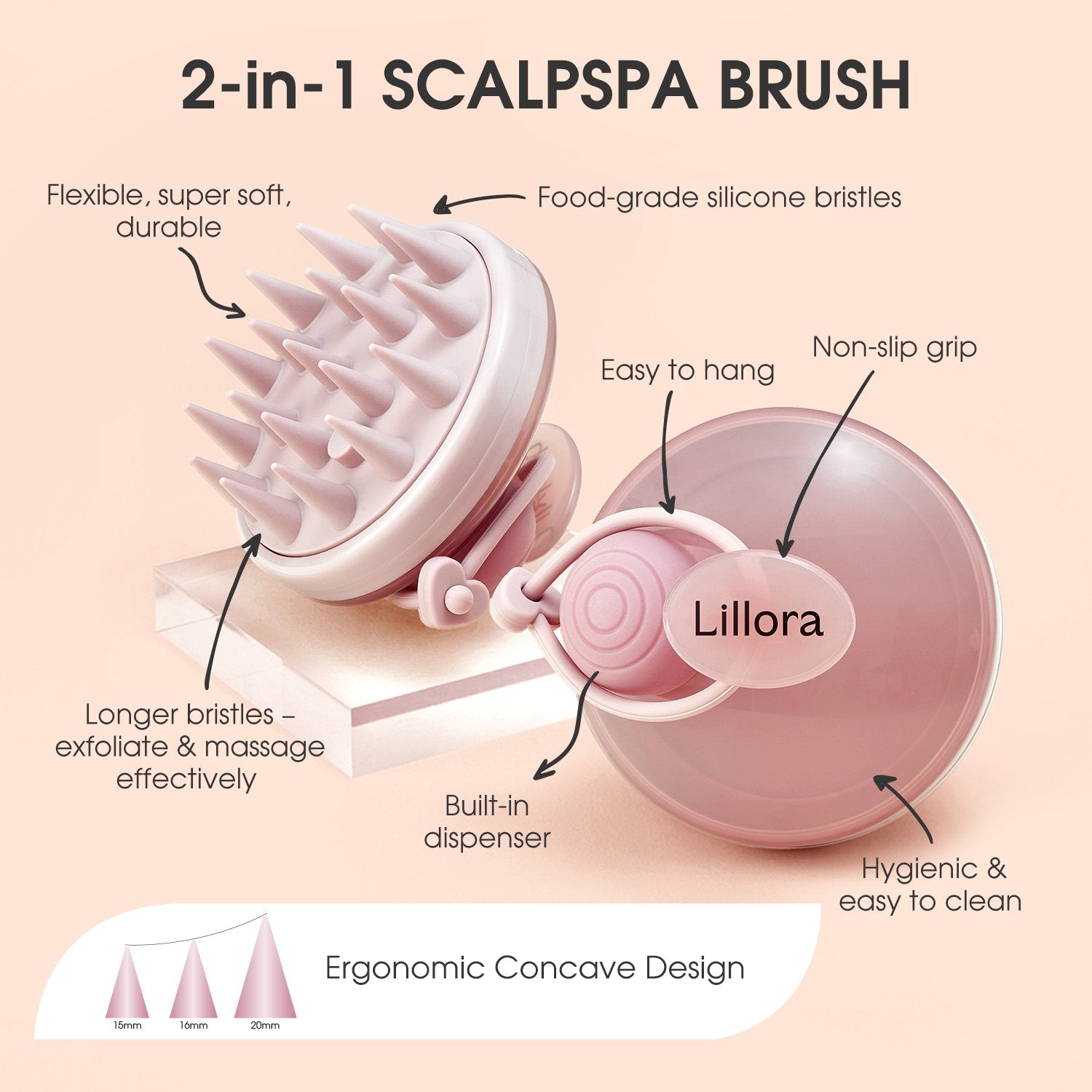 Soft silicone scalp brush for gentle exfoliation and deep cleansing, promoting healthy hair and scalp